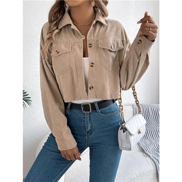 Corduroy Button-Up Dropped Shoulder Jacket - Picture 14 of 16